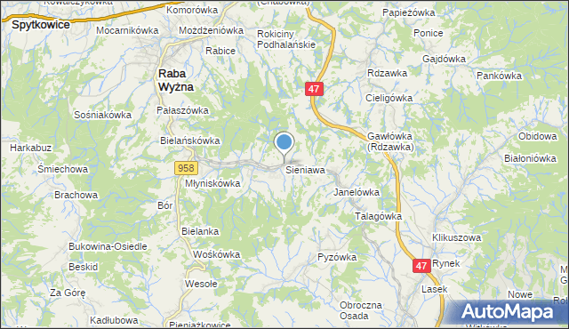 mapa Sieniawa, Sieniawa gmina Raba Wyżna na mapie Targeo